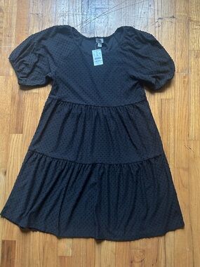 J. Crew Factory Black Clip-dot Textured Tiered Midi Dress with Puff Sleeves